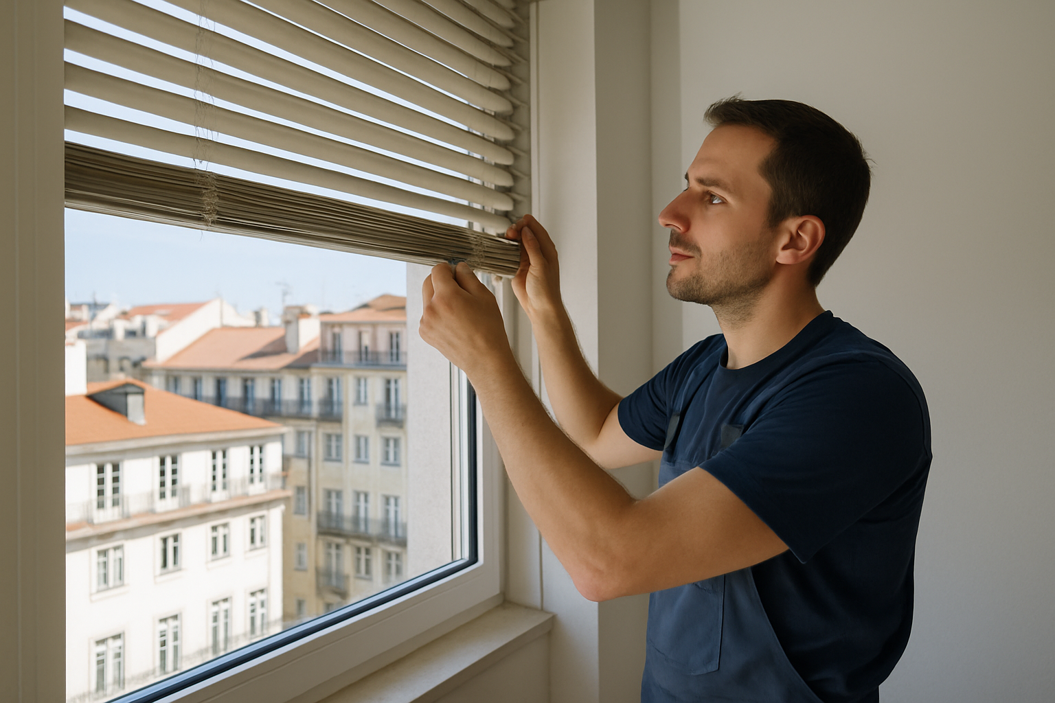 técnico a reparar estores de uma casa moderna em Lisboa
