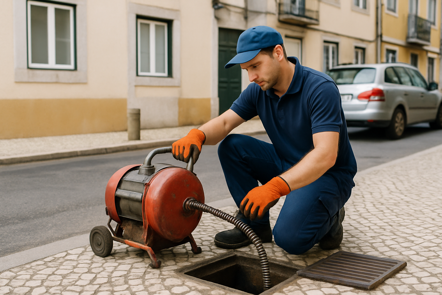 técnico a desentupir ralo numa área residencial em Lisboa