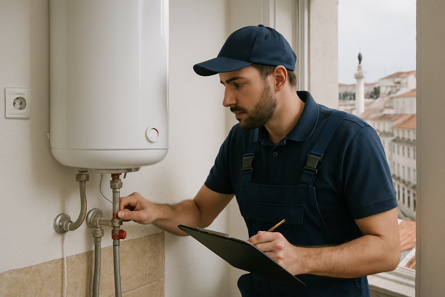 Técnico a inspecionar um esquentador em Lisboa
