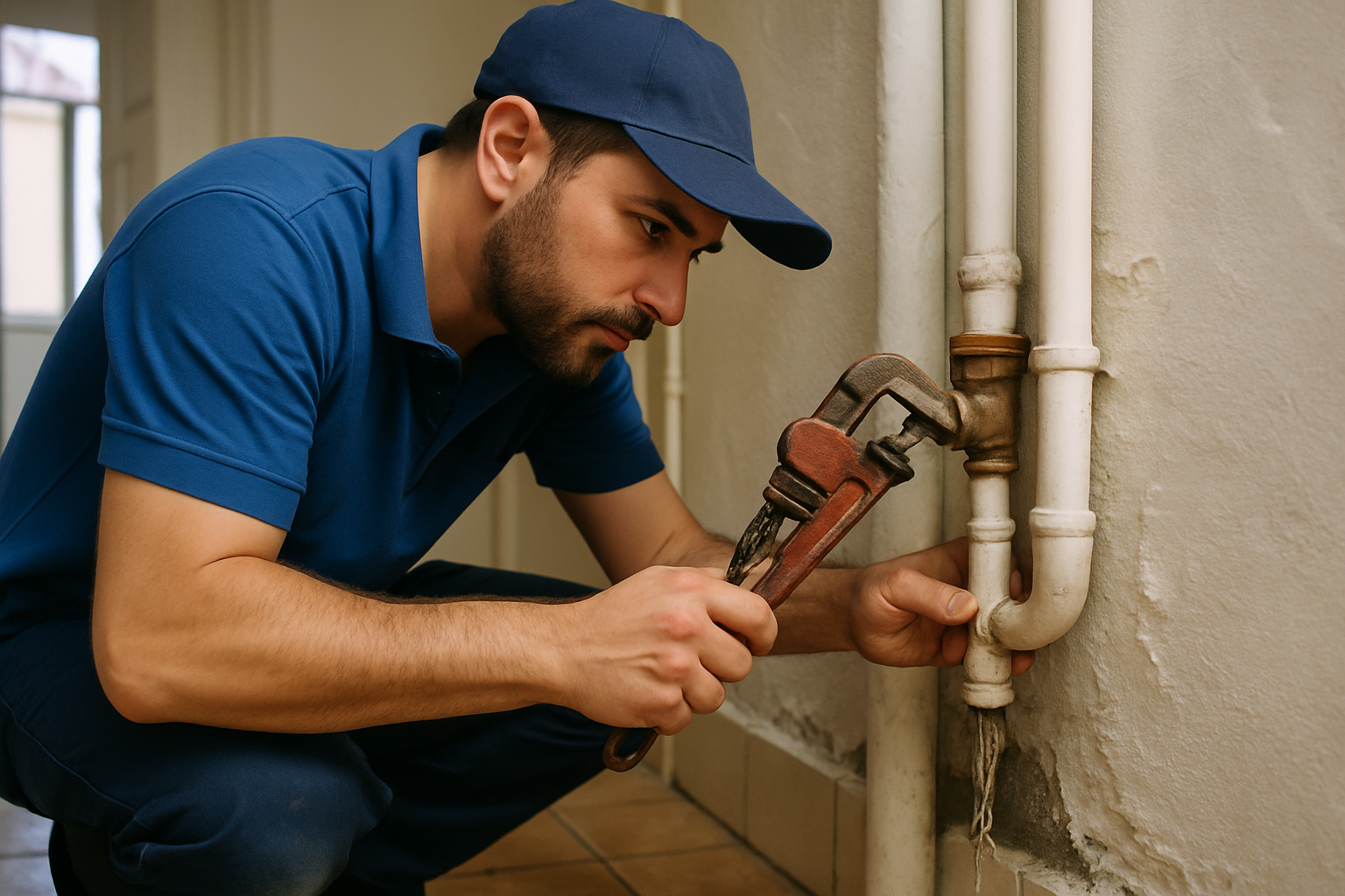 um canalizador a trabalhar em canalização numa casa em Lisboa