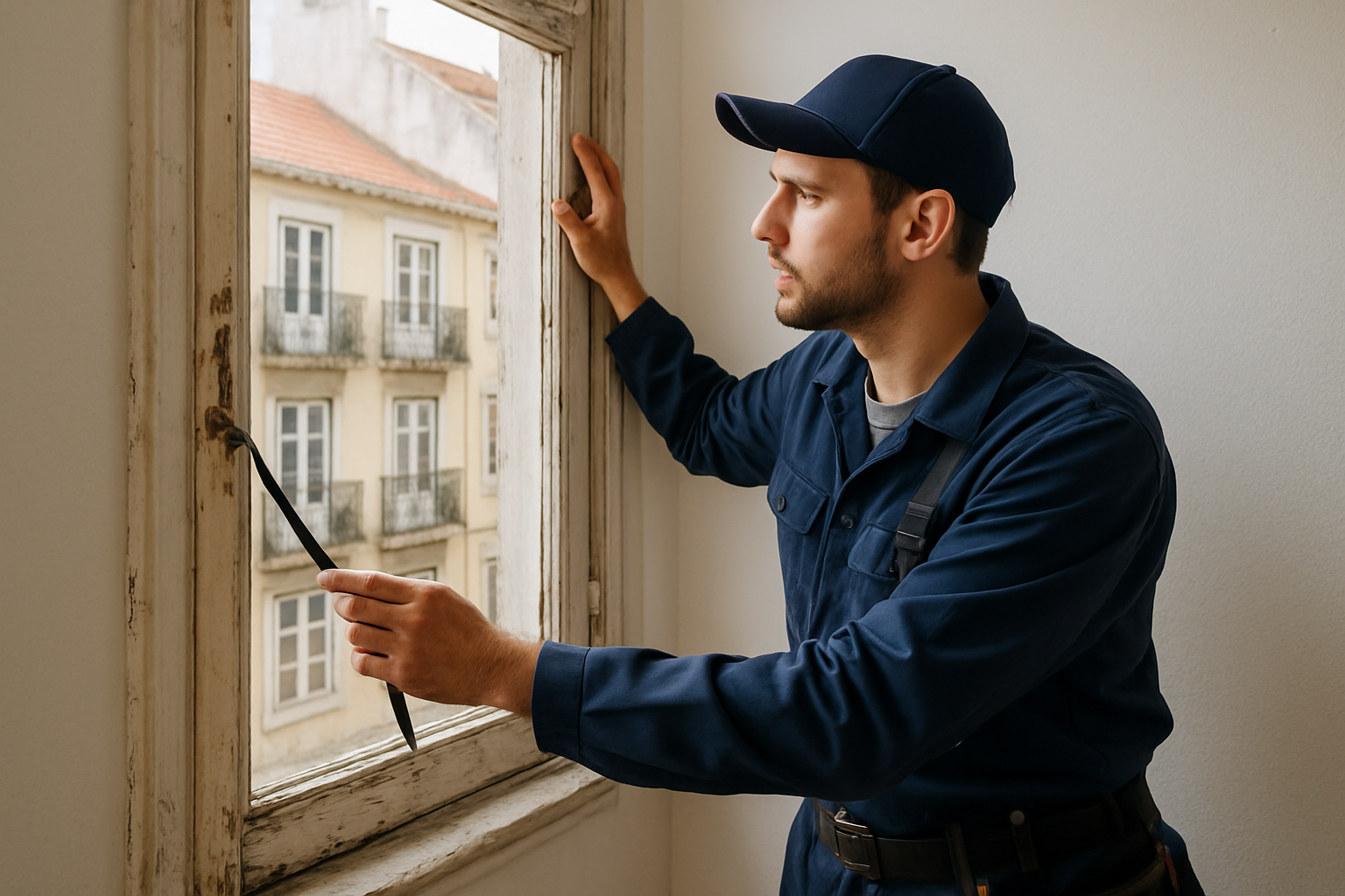 Técnico a inspecionar janelas antigas num apartamento em Lisboa